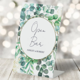 Eucalyptus Wedding Reception Open Bar Tabletop Pedestal Sign