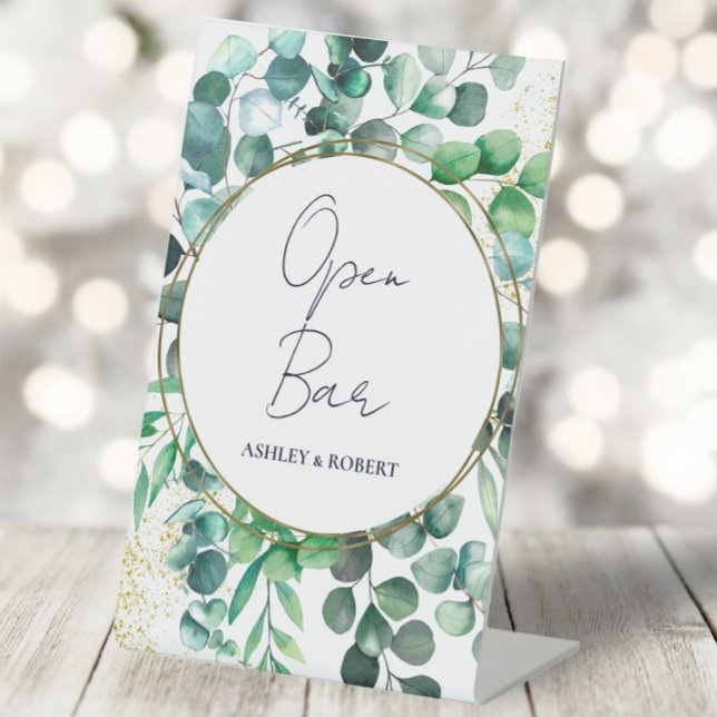 Eucalyptus Wedding Reception Open Bar Tabletop Pedestal Sign (Creator Uploaded)
