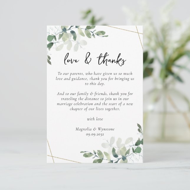 Eucalyptus Wedding Reception Table  Thank You Card (Standing Front)