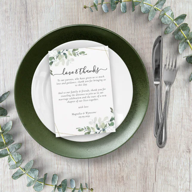 Eucalyptus Wedding Reception Table Thank You Card Zazzle