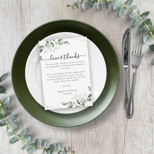 Eucalyptus Wedding Reception Table Thank You Card