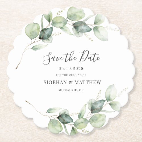 Eucalyptus Wedding Save the Date Announcement Paper Coaster