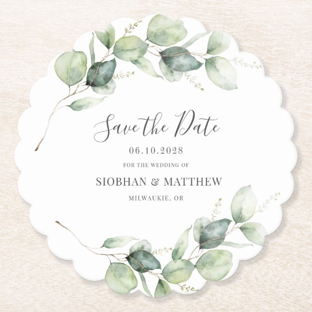 Eucalyptus Wedding Save the Date Announcement Paper Coaster (Front)