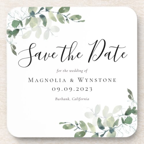 Eucalyptus Wedding Save The Date  Beverage Coaster
