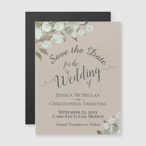Eucalyptus Wedding Save the Date Calligraphy Taupe Magnetic Invitation