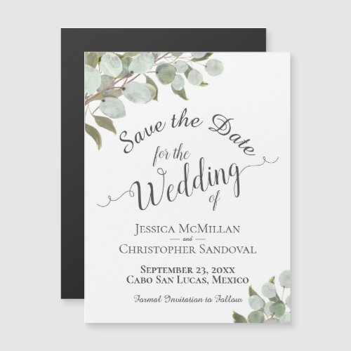 Eucalyptus Wedding Save the Date Calligraphy White Magnetic Invitation