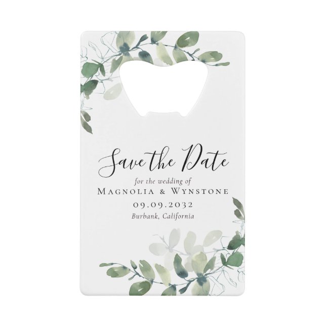 Eucalyptus Wedding Save The Date Credit Card Bottle Opener (Front)