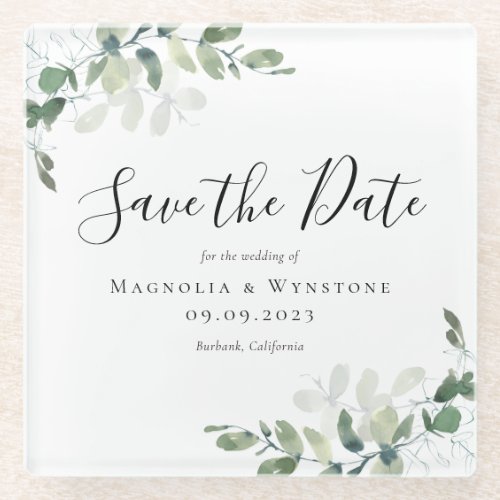 Eucalyptus Wedding Save The Date  Glass Coaster