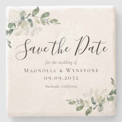 Eucalyptus Wedding Save The Date Limestone Stone Coaster