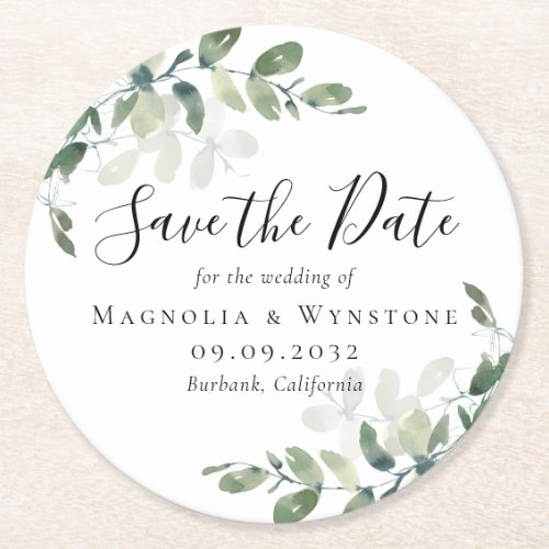 Eucalyptus Wedding Save The Date  Round Paper Coaster