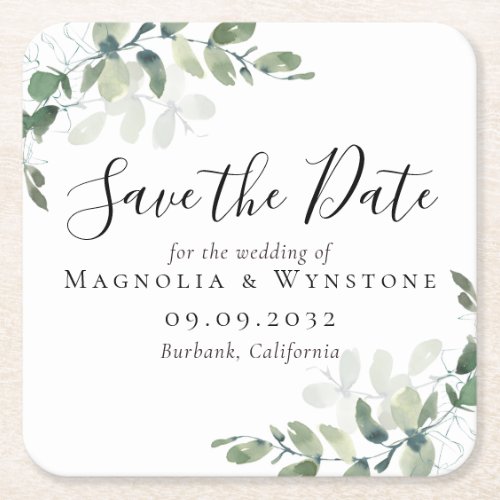 Eucalyptus Wedding Save The Date Square Paper Coaster