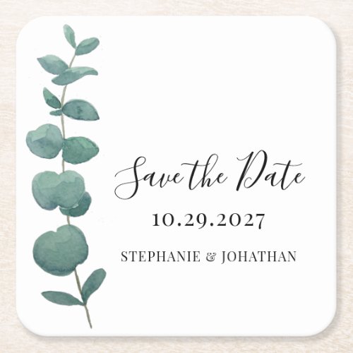 Eucalyptus Wedding Save The Date Square Paper Coaster