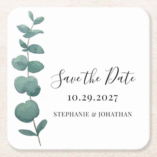 Eucalyptus Wedding Save The Date Square Paper Coaster (Front)