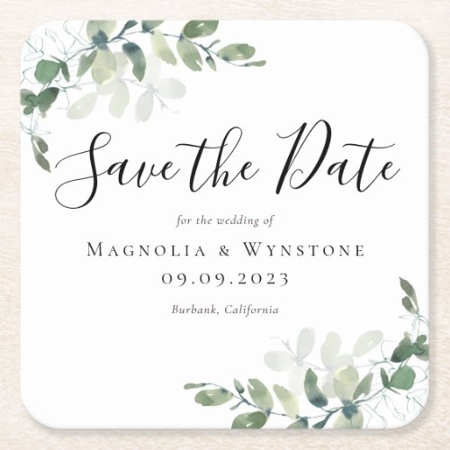 Eucalyptus Wedding Save The Date Square Paper Coaster