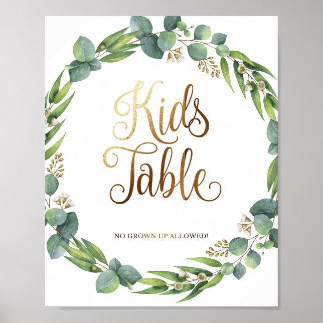 Eucalyptus wedding sign for kids table (Front)