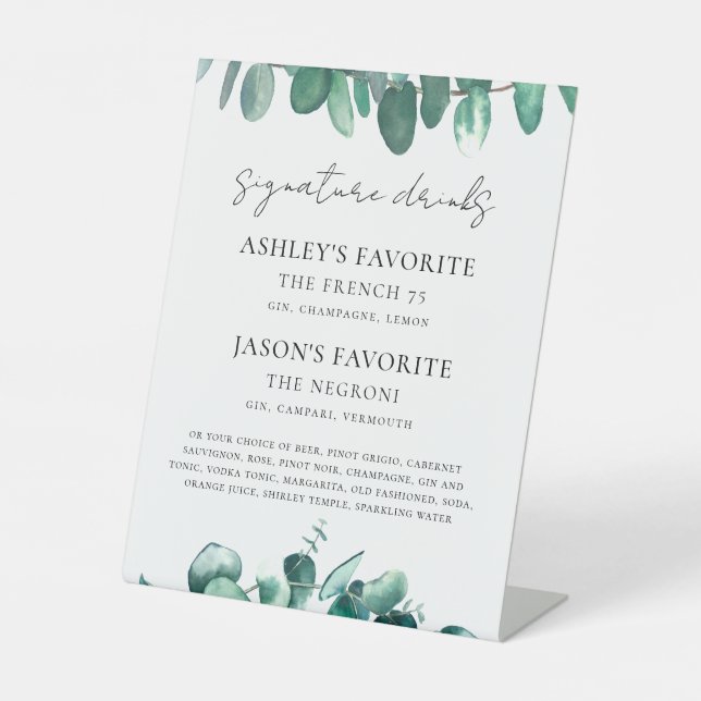 Eucalyptus Wedding Signature Drinks Sign, Cocktail Pedestal Sign (Front)