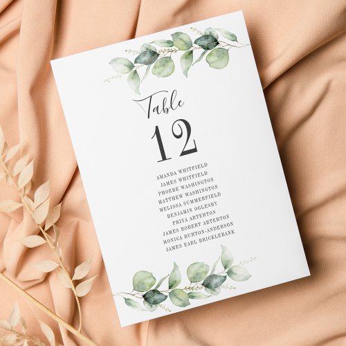 Eucalyptus Wedding Table Number with Guest Names