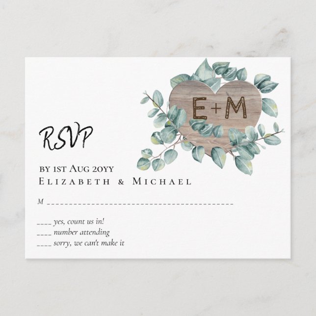Eucalyptus Wedding - Watercolor Greenery Monogram Postcard (Front)