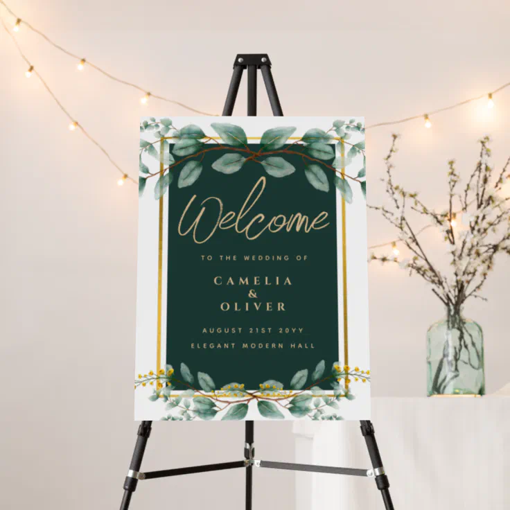 Eucalyptus Wedding Welcome Sign, Green Gold Foam Board | Zazzle