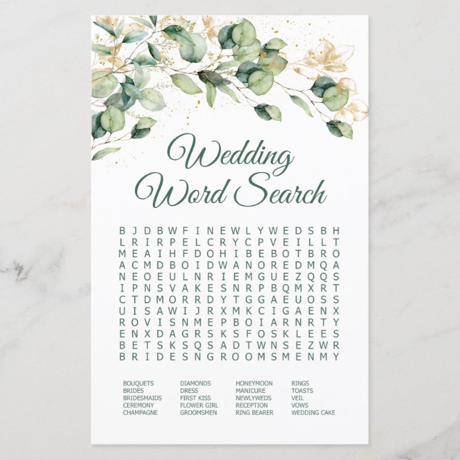 Eucalyptus Wedding Word Search Shower Game (Front)