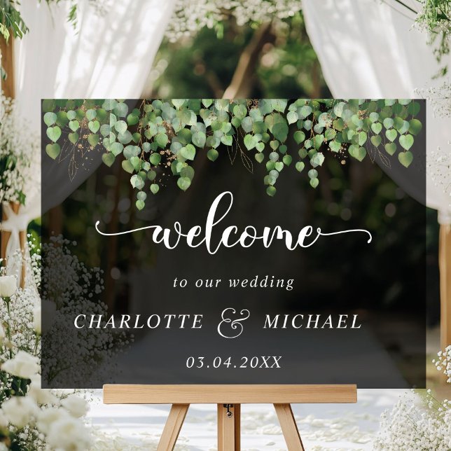 Eucalyptus Weddings Acrylic Sign (Eucalyptus Weddings Acrylic "Welcome" Sign, black transparent, with your names & date.)