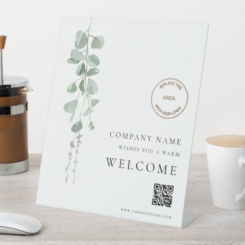 Eucalyptus Welcome Company Your Logo QR Code Pedestal Sign