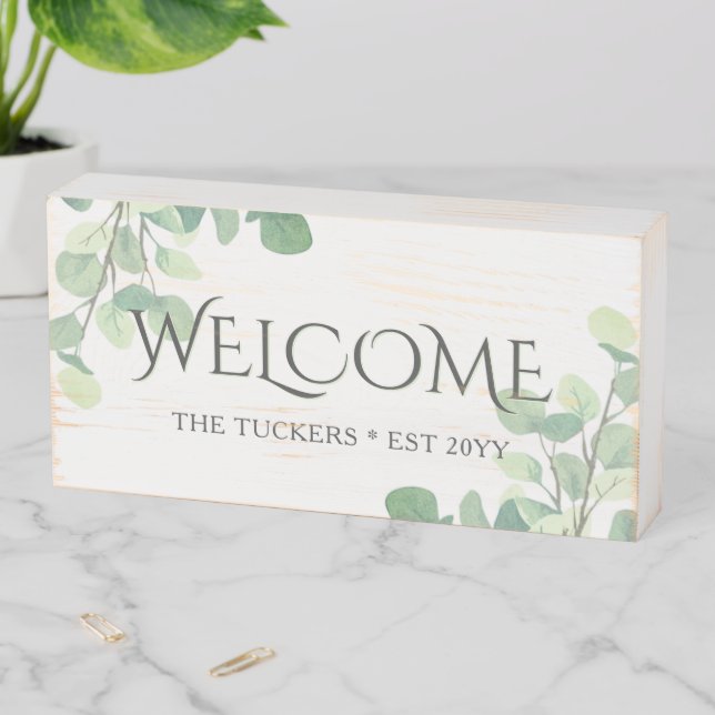 Eucalyptus Welcome Rustic Home Decor Wooden Box Sign (In Situ Horizontal)