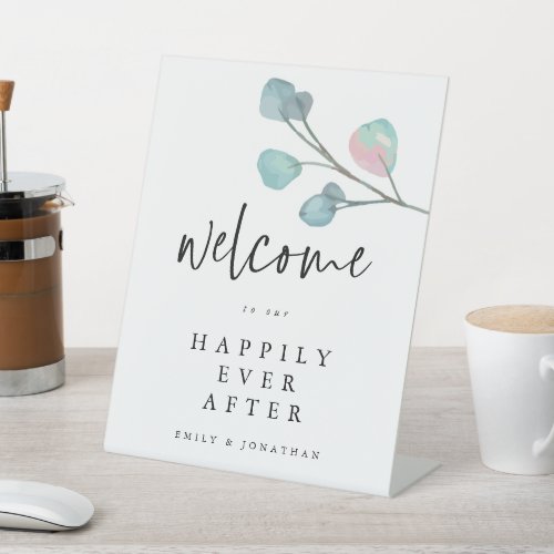 Eucalyptus Welcome to Happily Ever After Wedding Pedestal Sign