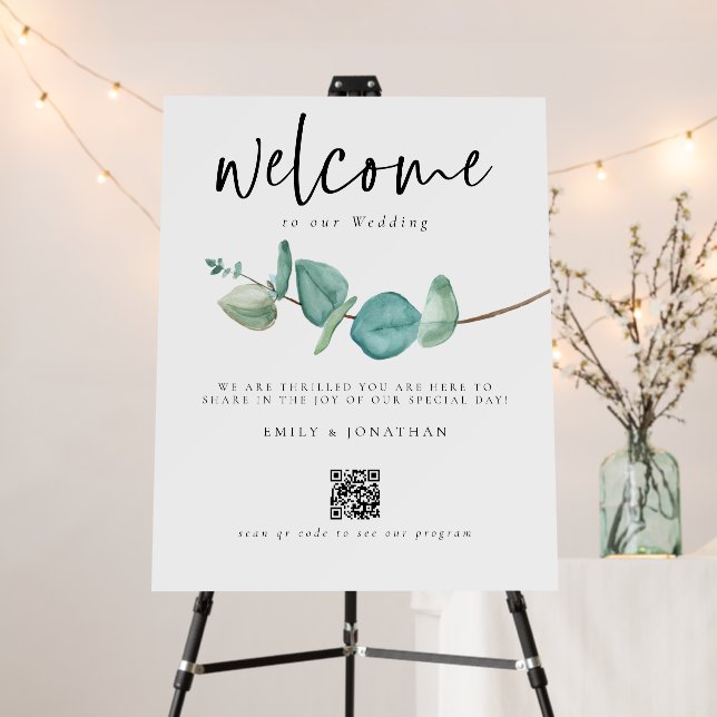 Eucalyptus Welcome to Wedding Program QR Code Foam Board (In Situ (Stand))