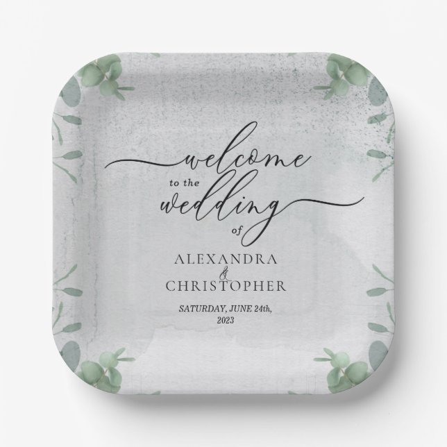 Eucalyptus Welcome to wedding set Paper Plates (Front)