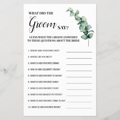 Eucalyptus What did Groom Say Shower Game Card Flyer