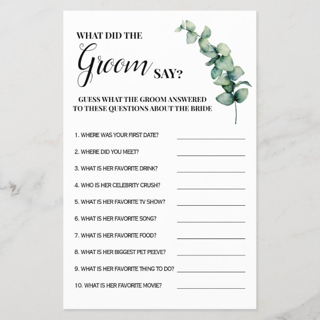 Eucalyptus What did Groom Say Shower Game Card Flyer (Front)