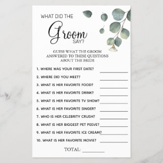 Eucalyptus What groom say Bridal shower game card Flyer