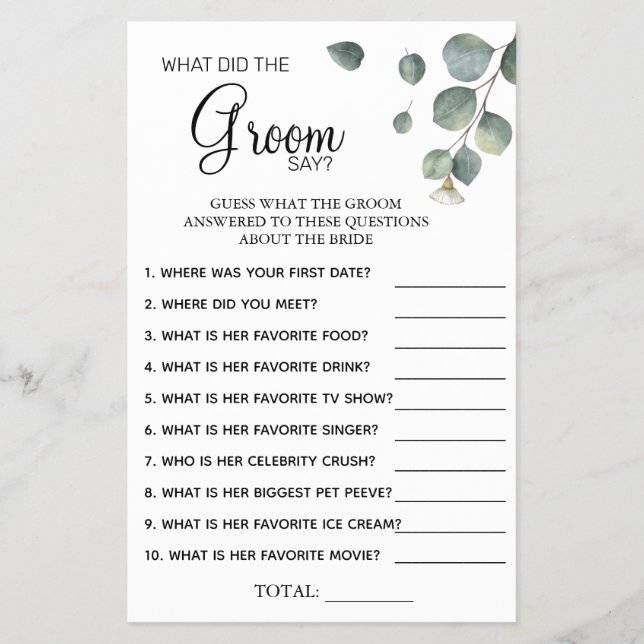 Eucalyptus What groom say Bridal shower game card Flyer (Front)