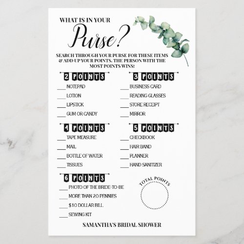 Eucalyptus What is in your Purse Shower Game Card Flyer