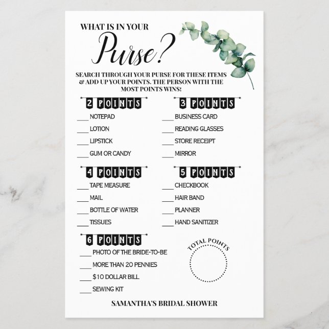 Eucalyptus What is in your Purse Shower Game Card Flyer (Front)