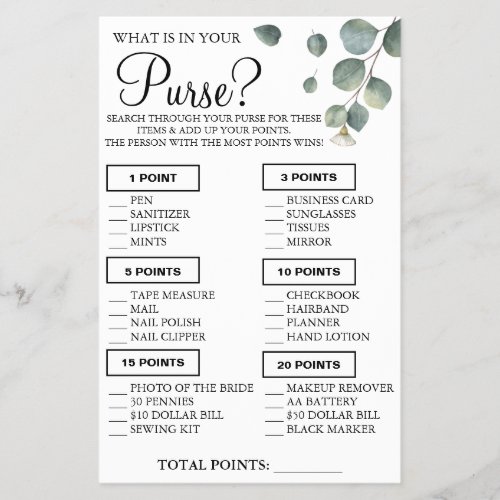 Eucalyptus What is in your purse Shower game card Flyer