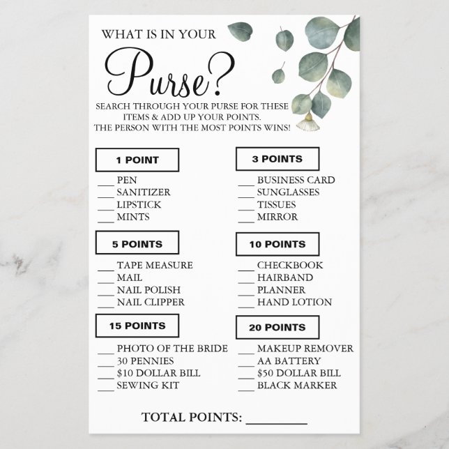 Eucalyptus What is in your purse Shower game card Flyer (Front)