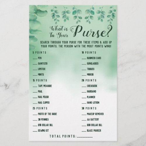 Eucalyptus What is in your Purse Shower Game Card Flyer