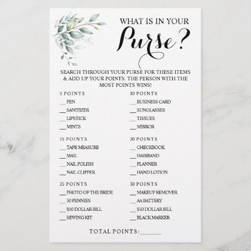 Eucalyptus What is in your Purse Shower Game Card Flyer