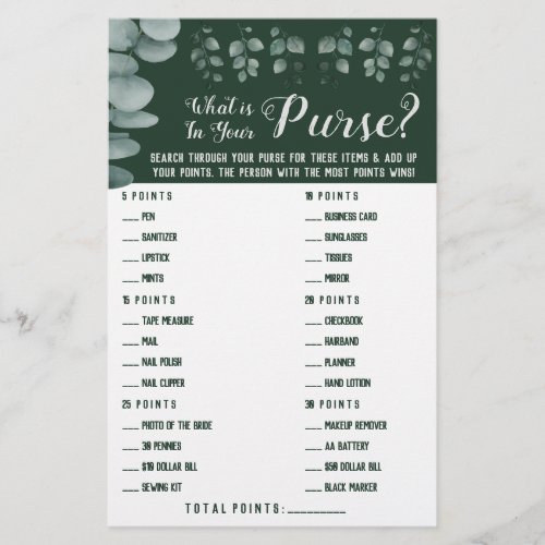 Eucalyptus What is in your Purse Shower Game Card Flyer