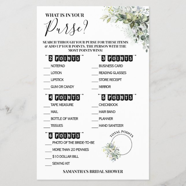 Eucalyptus What is in your Purse Shower Game Card Flyer (Front)