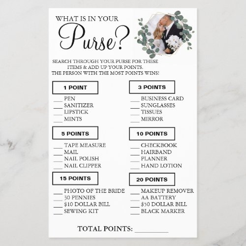 Eucalyptus What is in your purse Shower game card Flyer