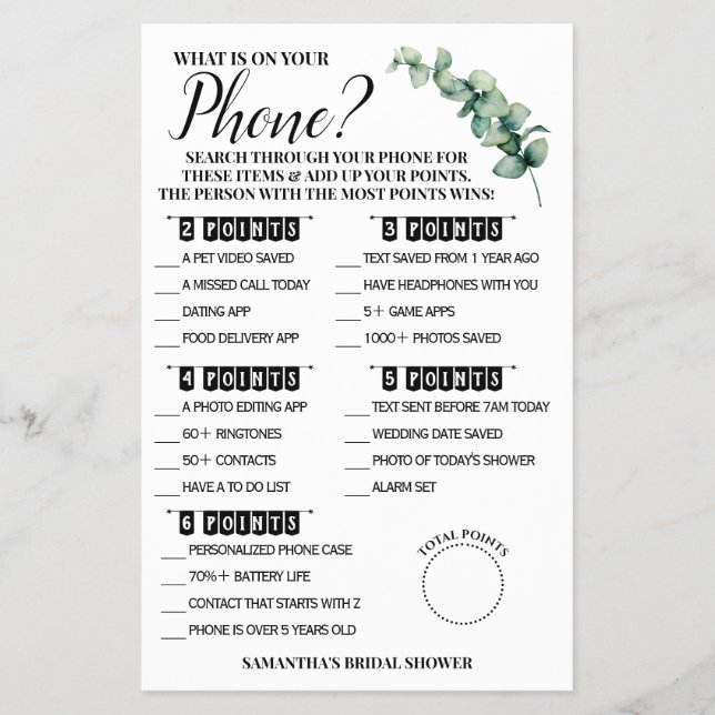 Eucalyptus What is on your Phone Shower Game Card  Flyer (Front)