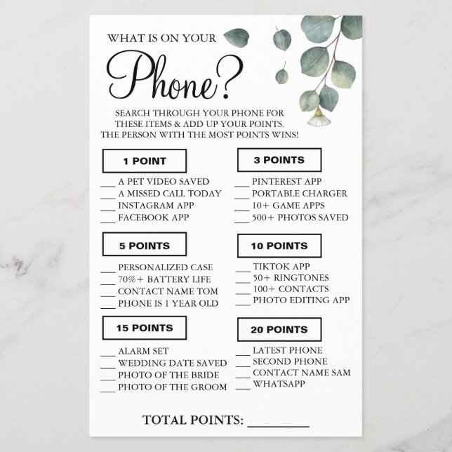 Eucalyptus What is on your phone Shower game card Flyer (Front)