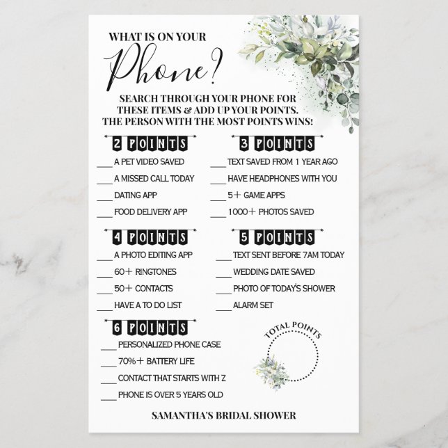 Eucalyptus What is on your Phone Shower Game Card  Flyer (Front)