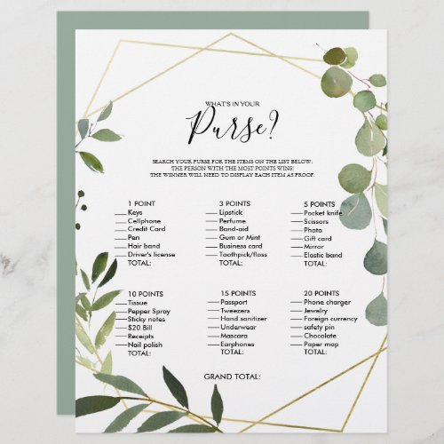 Eucalyptus Whats in your Purse Bridal Shower Game