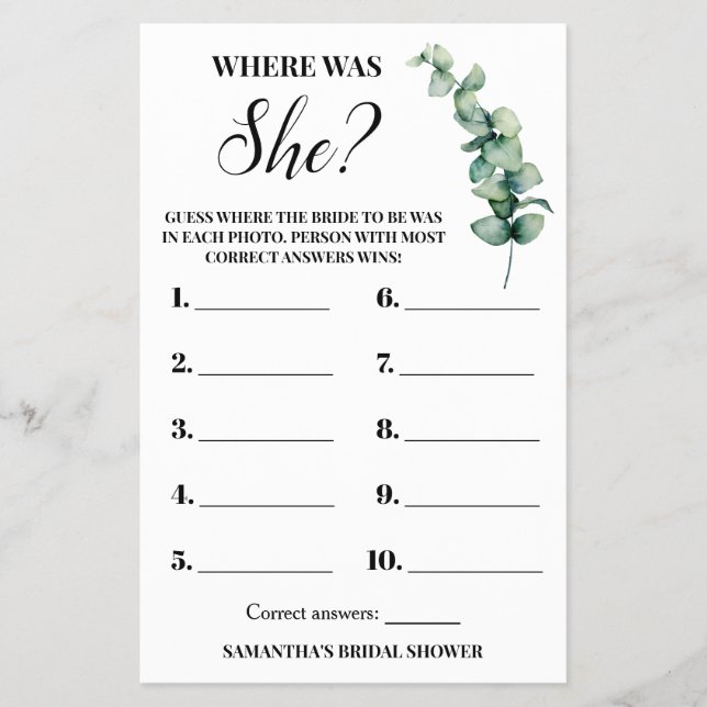 Eucalyptus Where was She Bridal Shower Game card Flyer (Front)