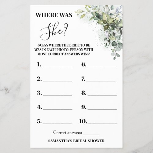 Eucalyptus Where was She Bridal Shower Game card Flyer