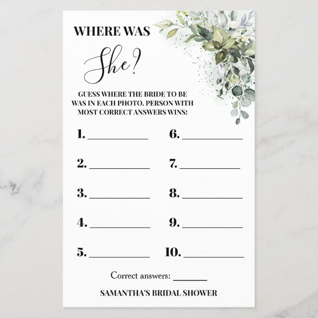 Eucalyptus Where was She Bridal Shower Game card Flyer (Front)